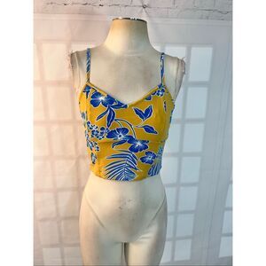 BCBGMaxazria NWT Yellow Blue Floral V-Neck Stretch Sleeveless Crop Top Size XS